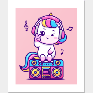 Cute Unicorn Listening Music On Boombox Cartoon Posters and Art